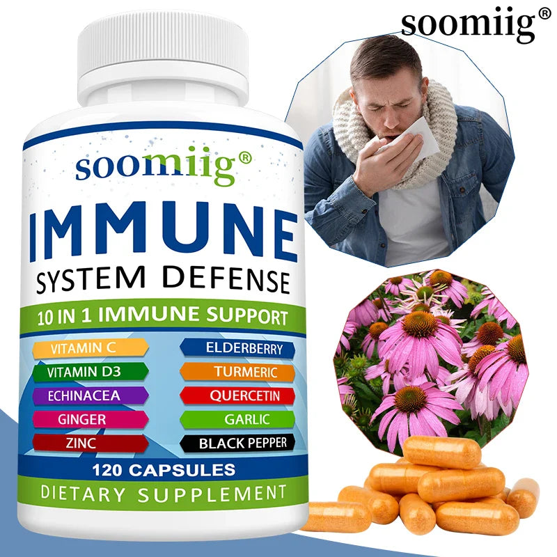 10-in-1 Immune System Defense Supplement - with Vitamins, Elderberry, Helps Balance Immune System Health - Vegetarian Capsules